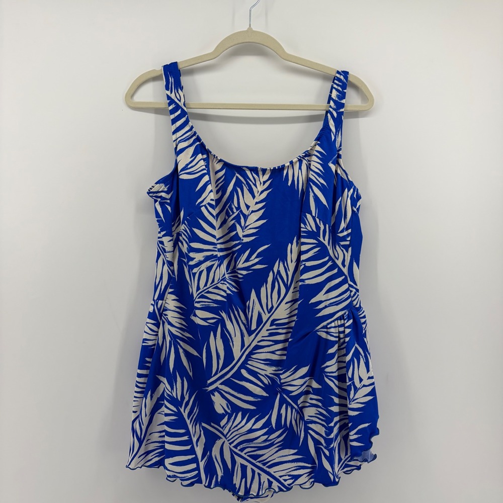Lee Beachwear by Robbylen Womens 22 Blue Swim Dress Tropical Palm Leaf Vintage